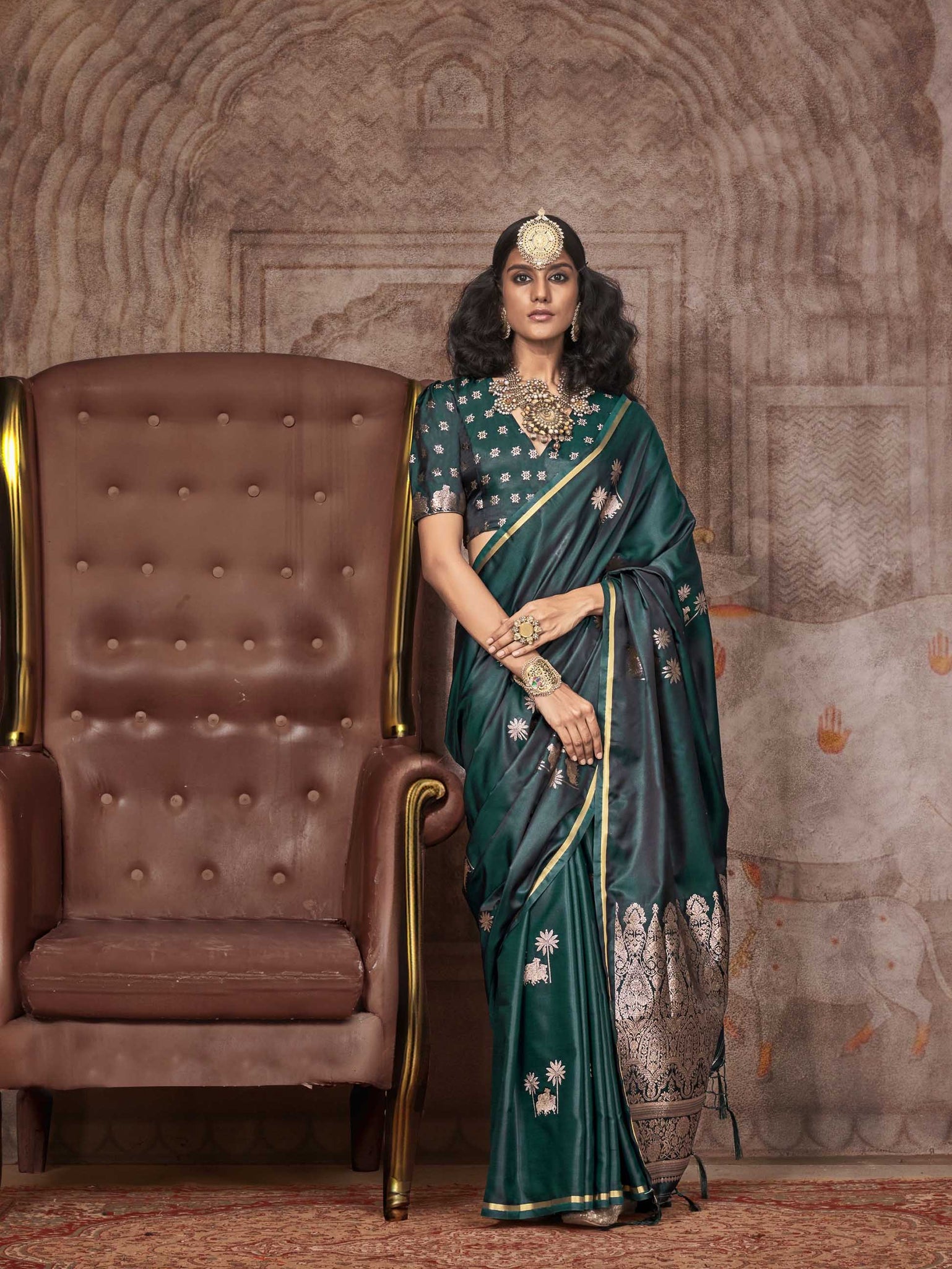 Traditional Pichwai Banarasi Saree - Emerald Green