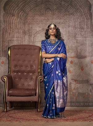 Traditional Pichwai Banarasi Saree - Sapphire Blue