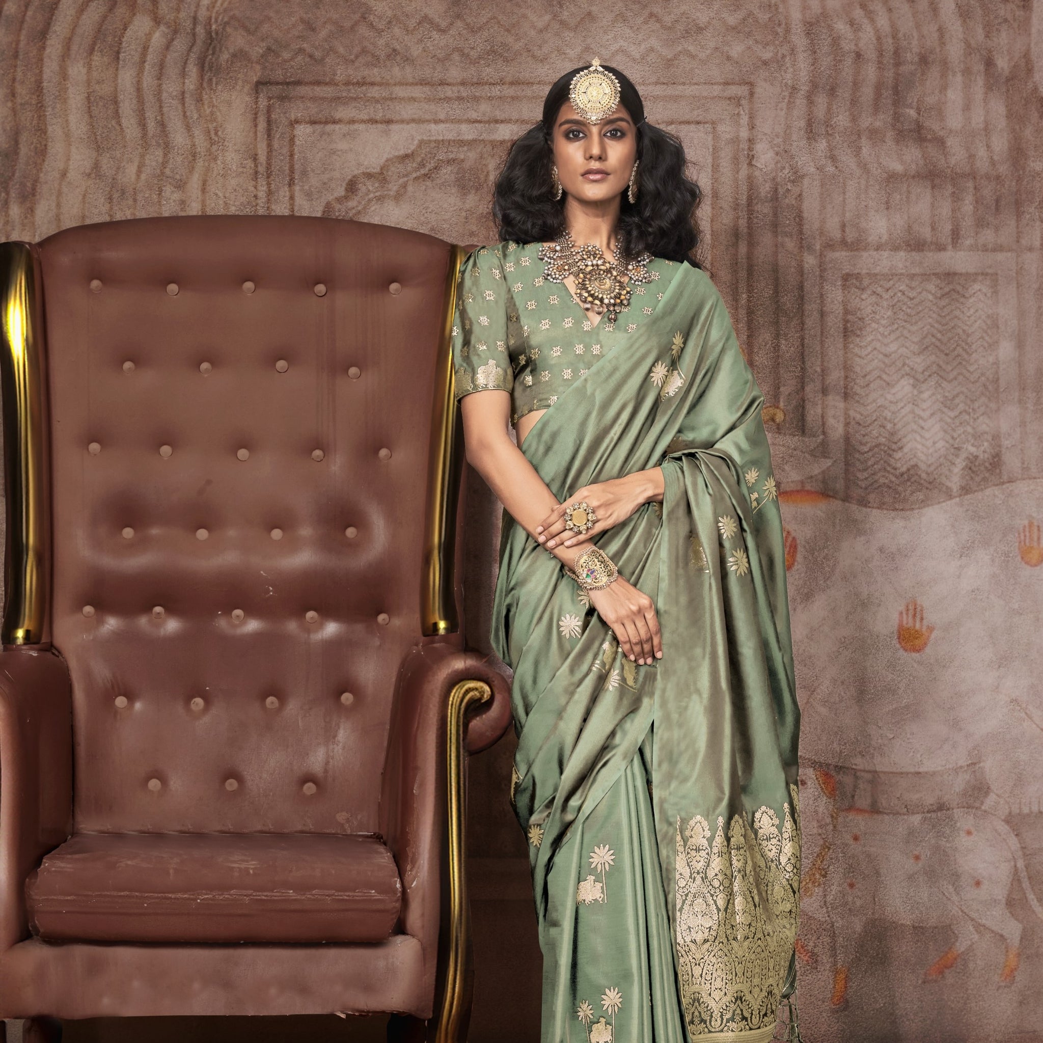 Traditional Pichwai Banarasi Saree - Sage Green