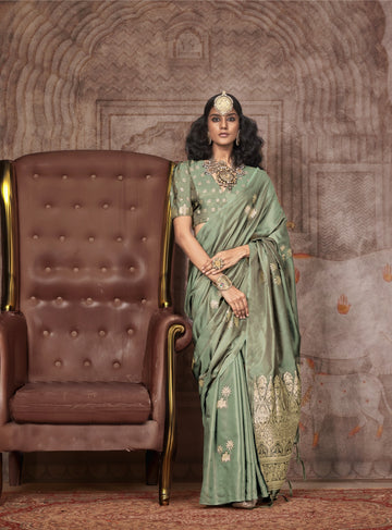 Traditional Pichwai Banarasi Saree - Sage Green
