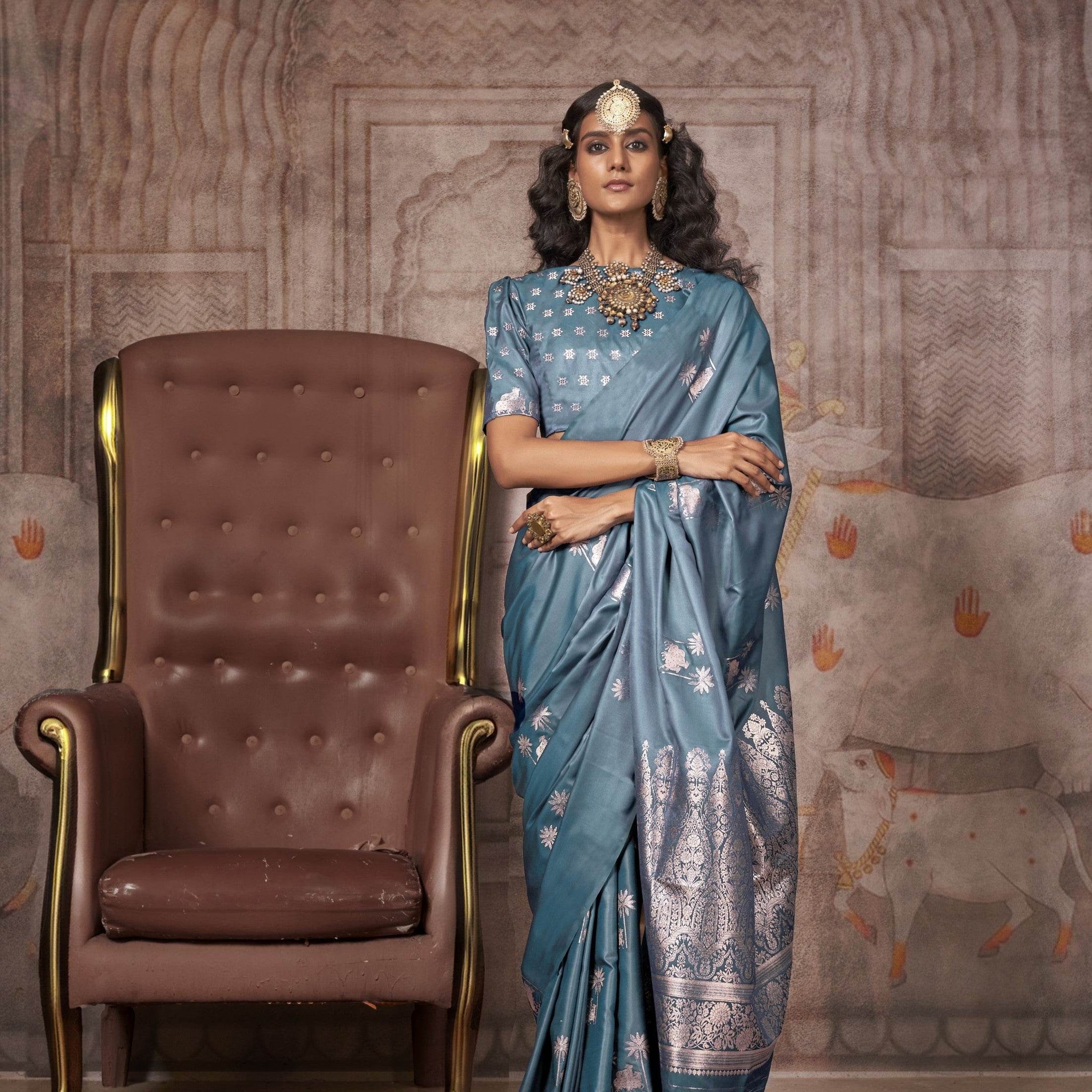Traditional Pichwai Banarasi Saree - Teal Mist - Teal Mist / Banarasi Silk - Laxha Clothing - www.laxhaclothing.com