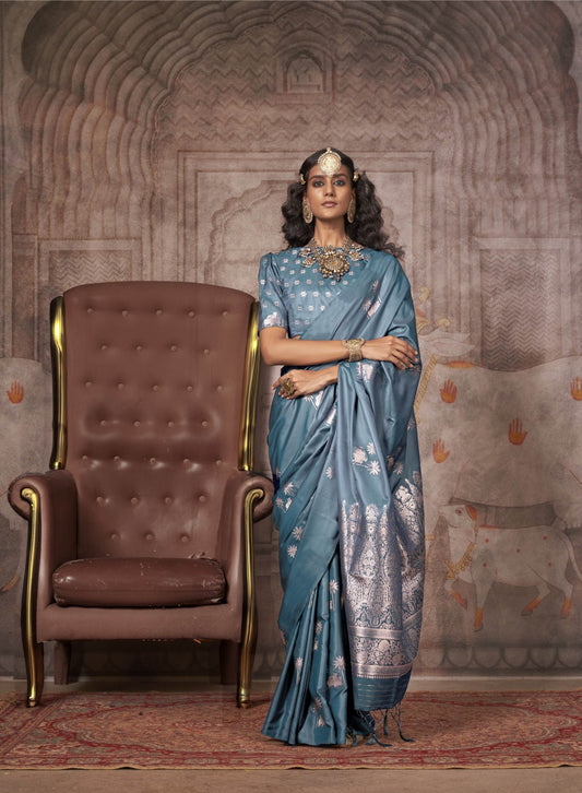 Traditional Pichwai Banarasi Saree - Teal Mist - Teal Mist / Banarasi Silk - Laxha Clothing - www.laxhaclothing.com