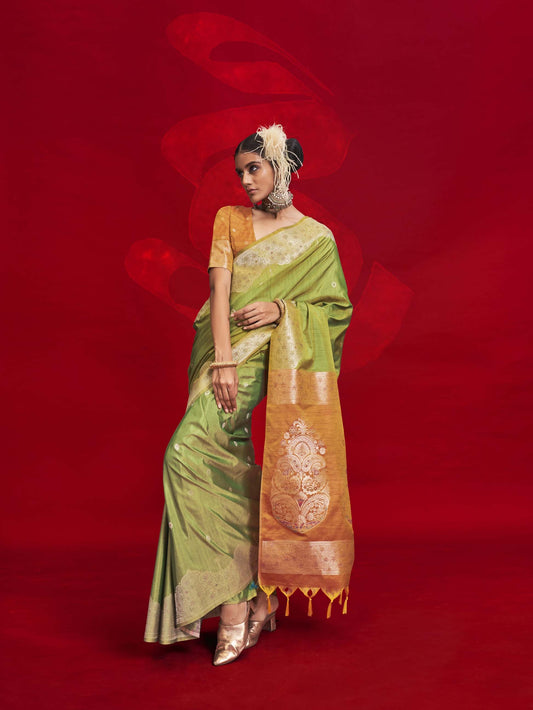 Contrast Ikkat Pallu Tussar Silk Handloom Saree - Parrot Green