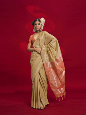 Contrast Ikkat Pallu Tussar Silk Handloom Saree - Beige