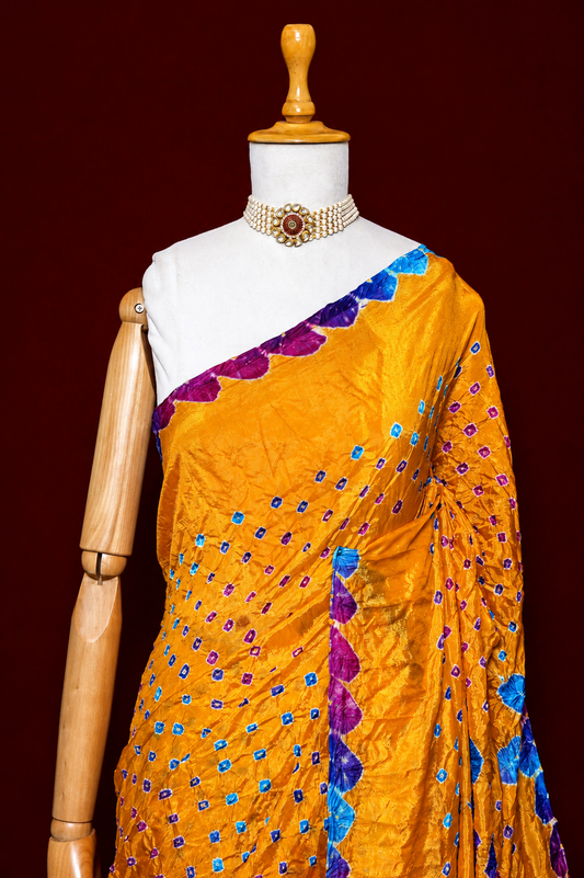 Mustard Yellow Hand Bandhej Silk Saree