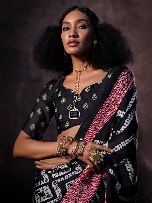 Ajrakh Printed Satin Saree - Black Pink