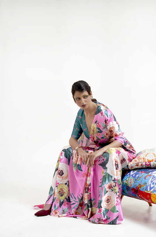 Luxe Satin Printed Saree - White and Pink