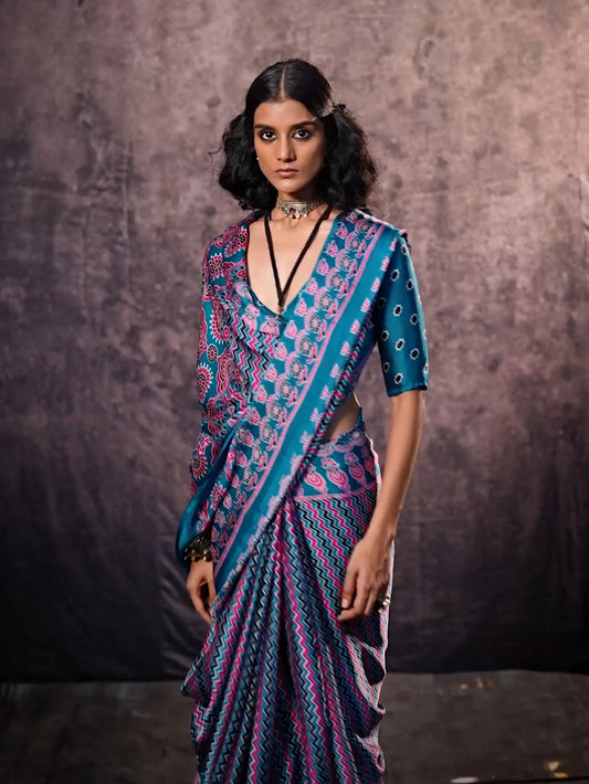 Ajrakh Printed Satin Saree - Blue Green