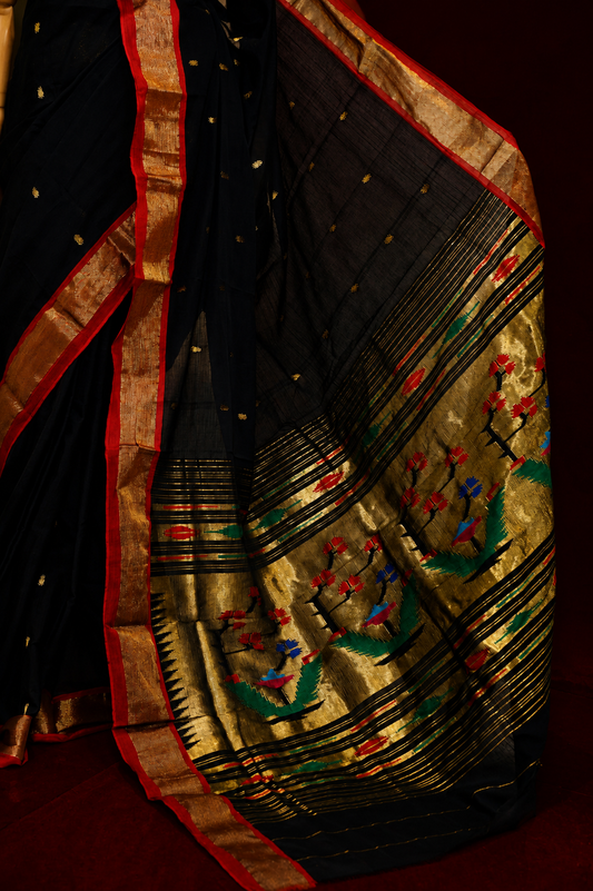 Black Handwoven Cotton Paithani With Red Coloured Contrast Border
