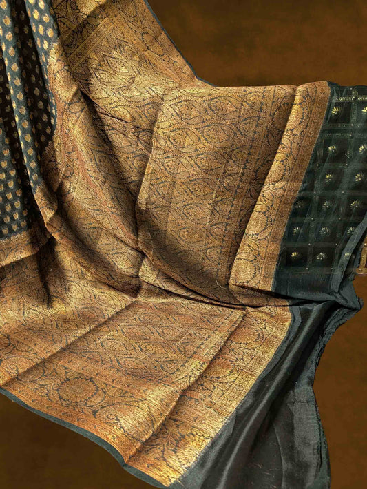 Dark Green Pure Khaddi Georgette Banarasi Silk Saree