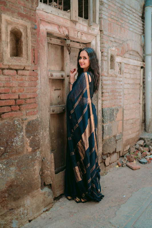 Pure Linen Handwoven Saree - Black