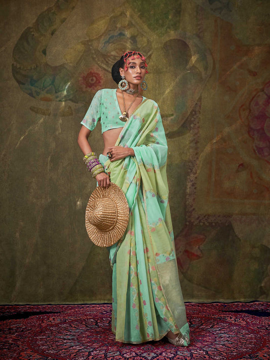 Elegant Pure Handloom Spun Rangkaat Silk Saree - Mint Green
