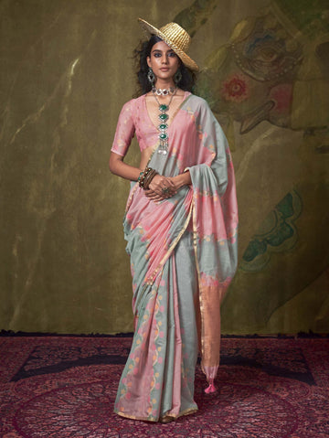 Elegant Pure Handloom Spun Rangkaat Silk Saree - Grey Pink