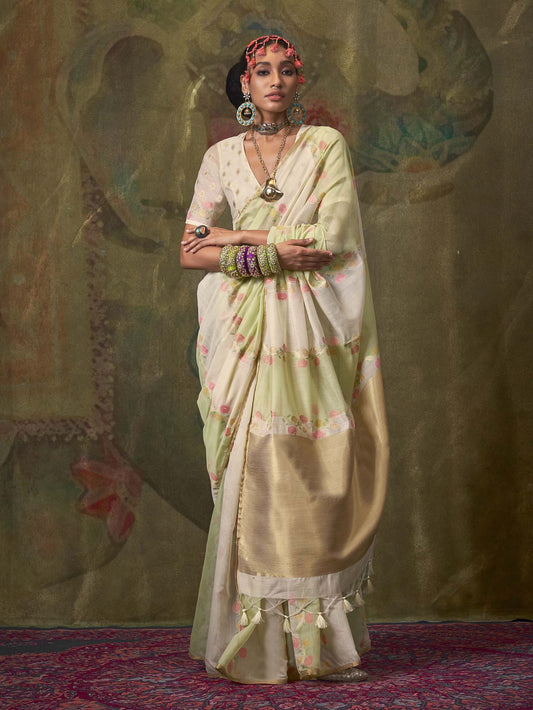 Elegant Pure Handloom Spun Rangkaat Silk Saree - Cream Green
