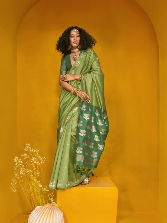 Elegant Handloom Tussar Silk Saree with Lotus Motif - Olive Green