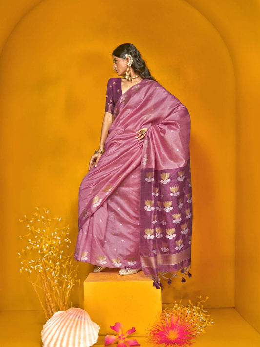 Elegant Handloom Tussar Silk Saree with Lotus Motif - Lavender Pink