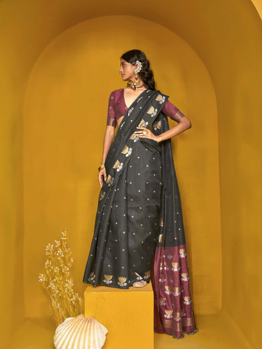 Elegant Handloom Tussar Silk Saree with Lotus Motif - Black Maroon