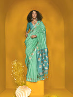 Elegant Handloom Tussar Silk Saree with Lotus Motif - Aqua Green