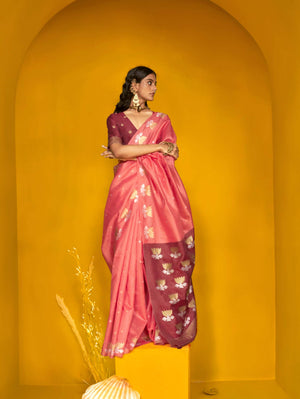Elegant Handloom Tussar Silk Saree with Lotus Motif - Coral Red
