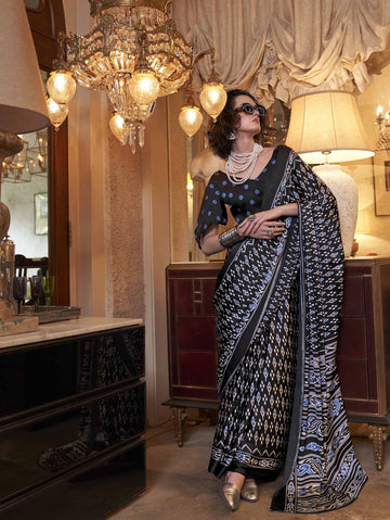 Elegant Patola-Print Satin Crepe Saree - Black Beige