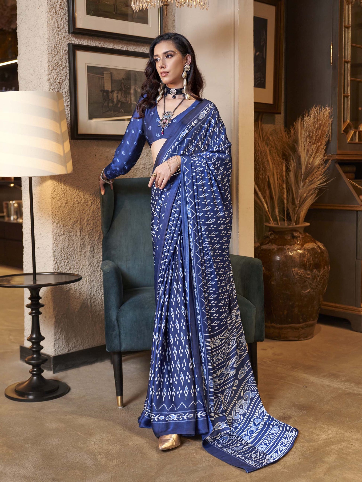 Elegant Patola-Print Satin Crepe Saree - Blue