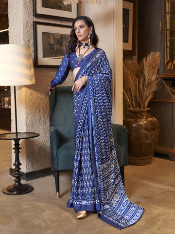 Elegant Patola-Print Satin Crepe Saree - Blue
