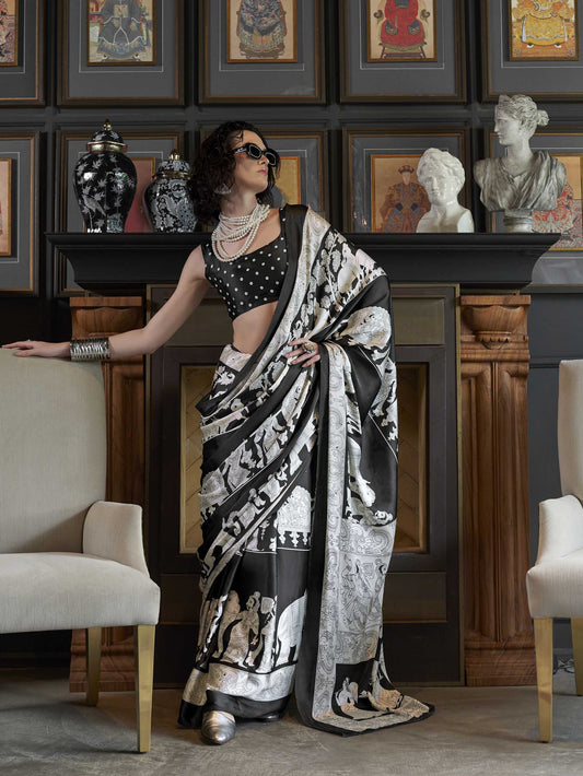 Elegant Patola-Print Satin Crepe Saree - White Black