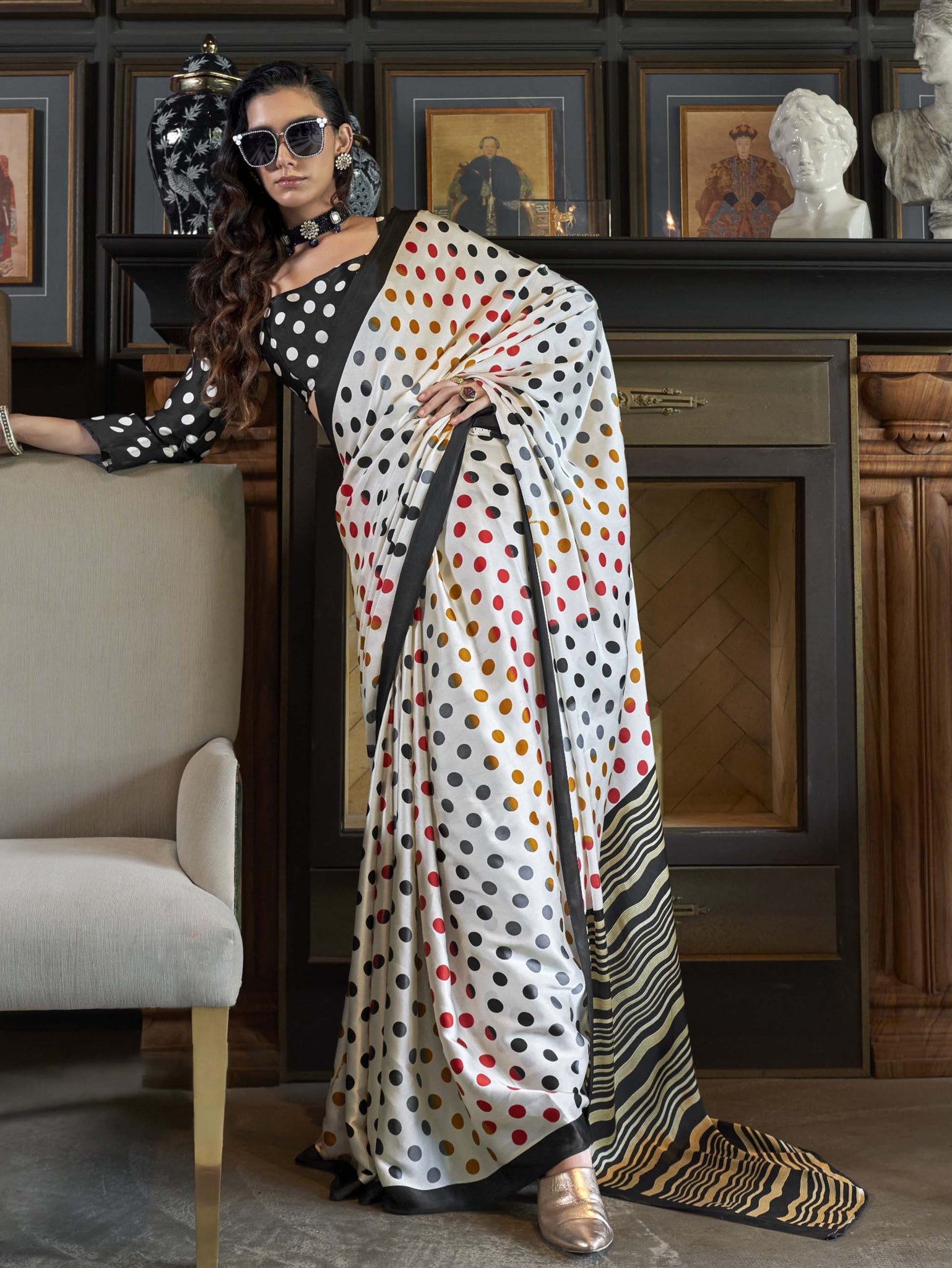 Elegant Patola-Print Satin Crepe Saree - Black with Multicolor Dots