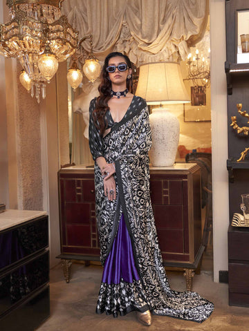Elegant Patola-Print Satin Crepe Saree - Black Purple