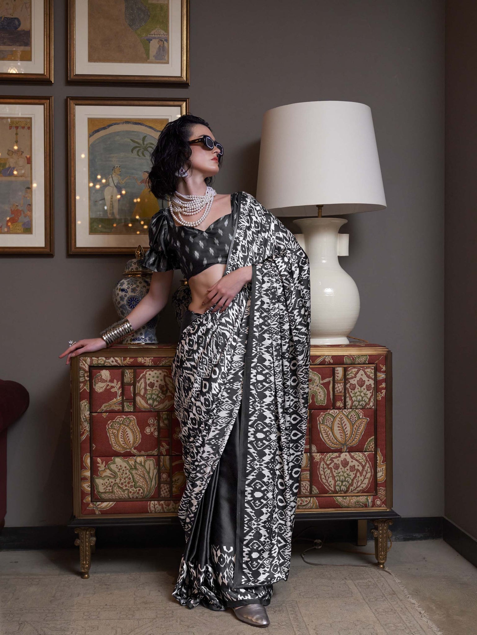 Elegant Patola-Print Satin Crepe Saree - Black White