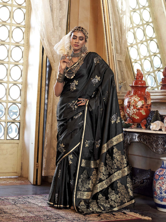 Majestic Pure Satin Handloom Weaving Silk Saree with Floral Motifs - Black
