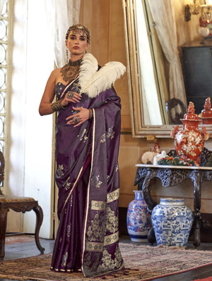 Majestic Pure Satin Handloom Weaving Silk Saree with Floral Motifs - Maroon