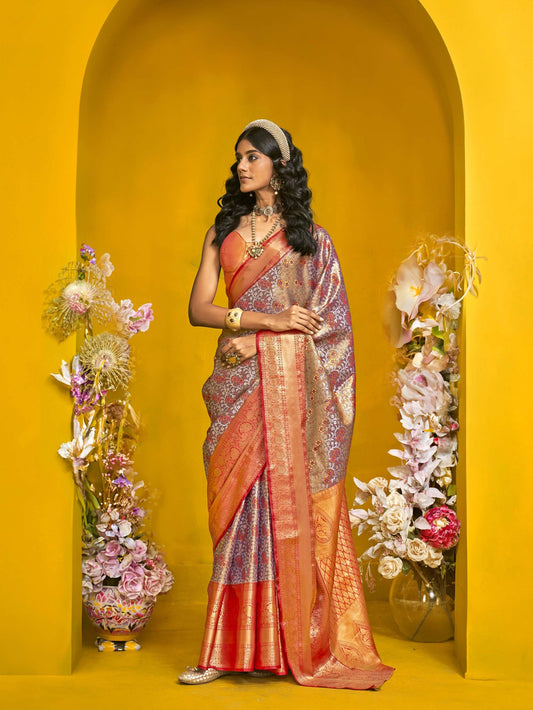 Elegant Pure Handloom Dharmavaram Mulberry Silk Saree - Orange Beige