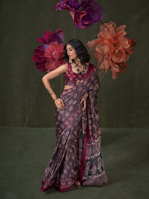Satin Crepe Saree with Traditional Ajrakh Prints - Maroon Black