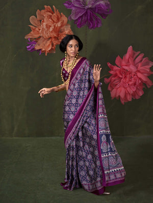 Satin Crepe Saree with Traditional Ajrakh Prints - Wine Blue