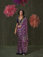 Satin Crepe Saree with Traditional Ajrakh Prints - Magenta Black
