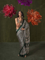 Satin Crepe Saree with Traditional Ajrakh Prints - Bottle Green Black