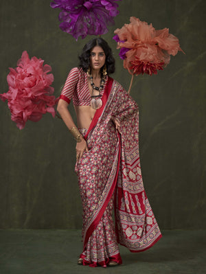 Satin Crepe Saree with Traditional Ajrakh Prints - Red Beige