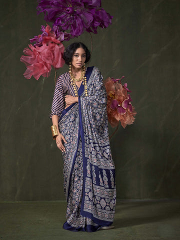 Satin Crepe Saree with Traditional Ajrakh Prints - Navy Blue Beige