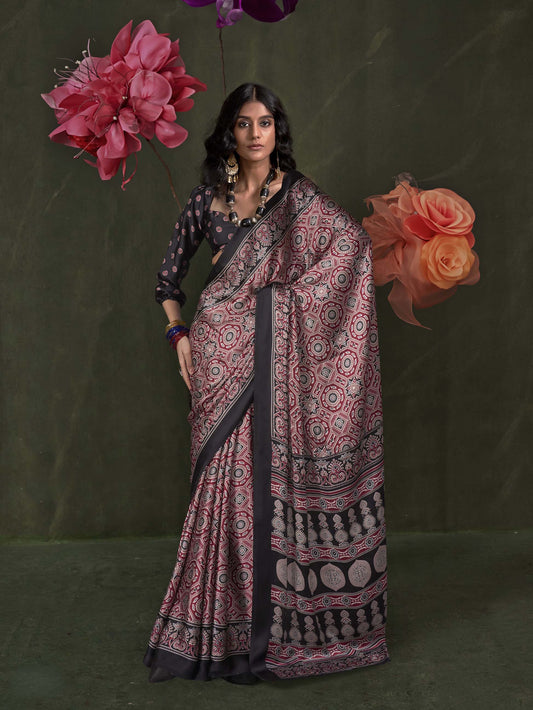 Satin Crepe Saree with Traditional Ajrakh Prints - Rust Black