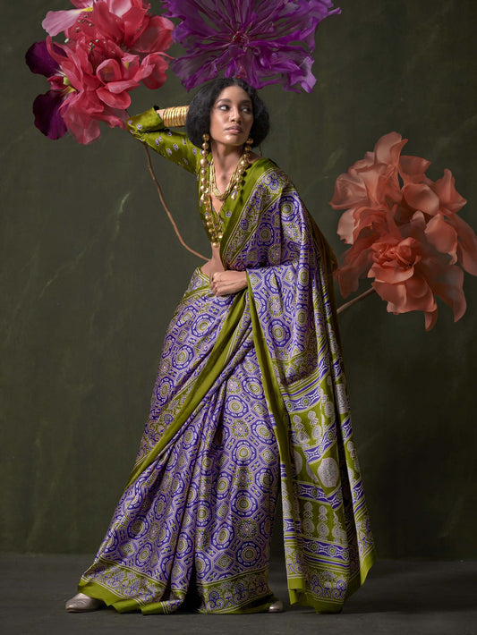 Satin Crepe Saree with Traditional Ajrakh Prints - Purple Green