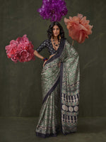 Satin Crepe Saree with Traditional Ajrakh Prints - Teal Black