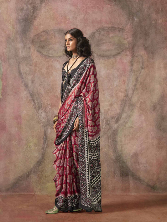 Ajrakh Printed Satin Saree - Maroon Black