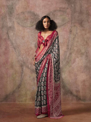 Ajrakh Printed Satin Saree - Red Grey