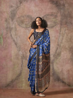 Ajrakh Printed Satin Saree - Navy Blue