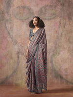 Ajrakh Printed Satin Saree - Maroon Grey