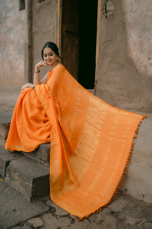 Pure Linen Handwoven Saree - Mustard