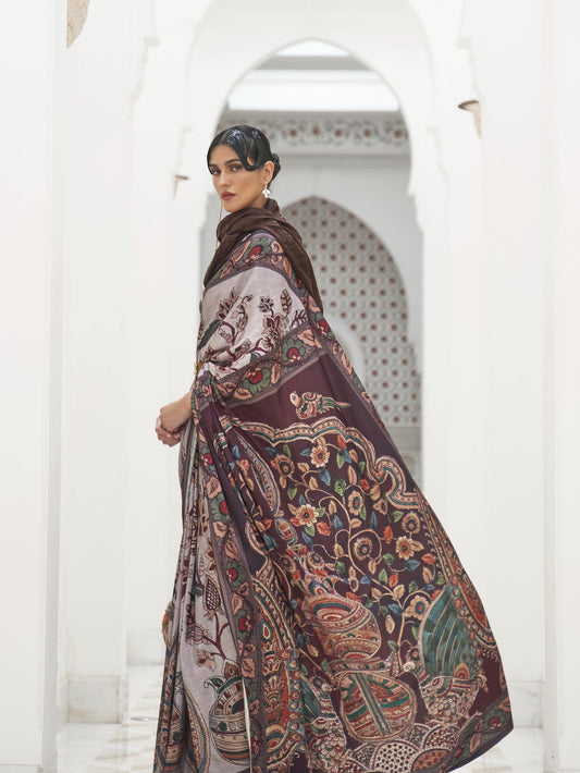 Authentic Pure Silk Crepe Kalamkari Saree - Maroon Grey
