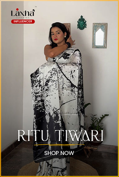 Printed Satin‑Crepe Saree - Cream and Charcoal Brush Stroke