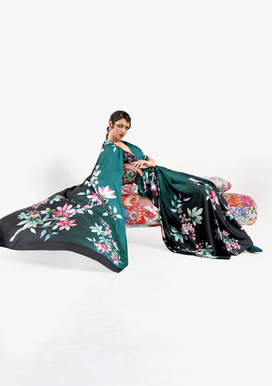 Luxe Satin Printed Saree - Dark Green
